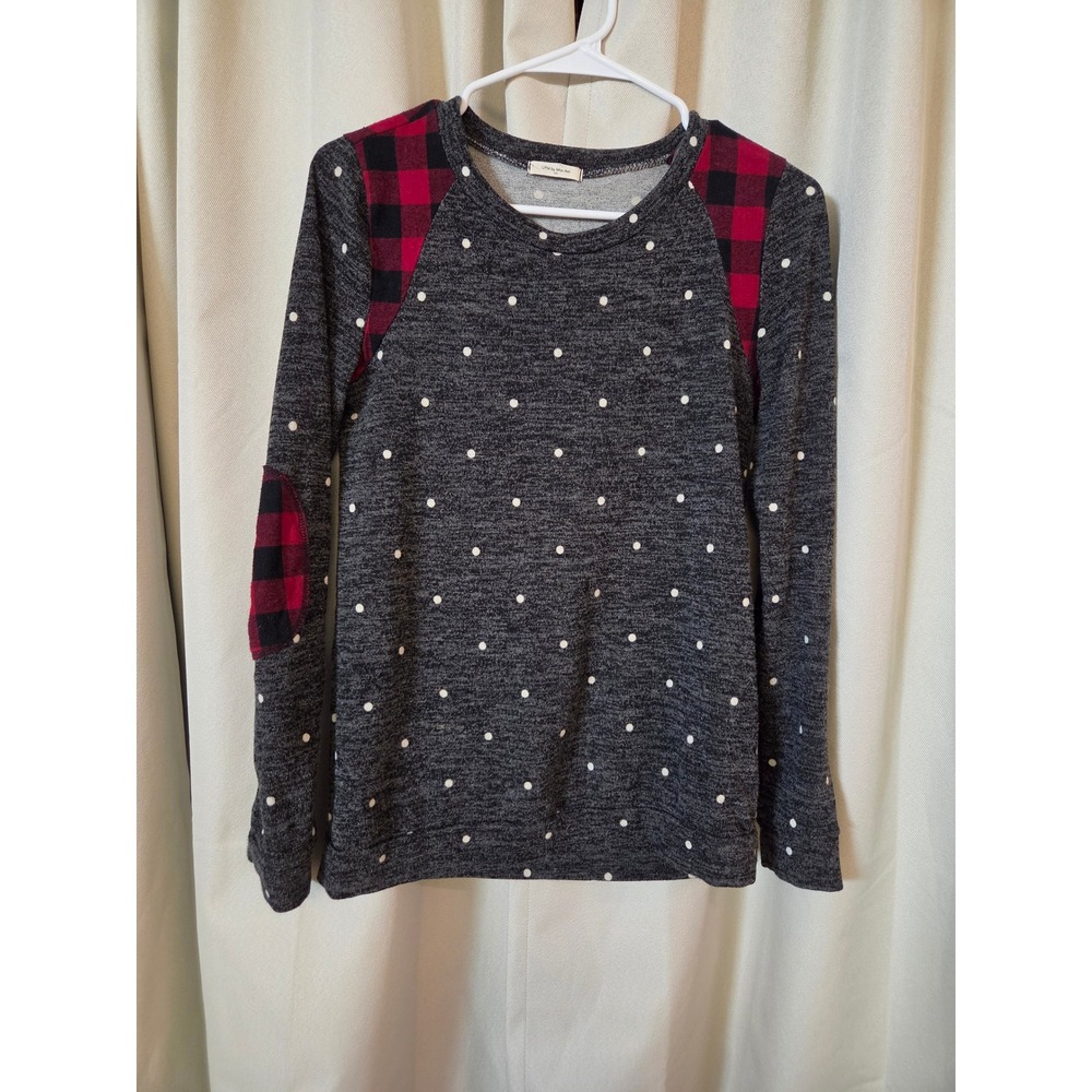 12PM by Mon Ami Polka Dot Buffalo Plaid Elbow Patch Top Gray Red Small